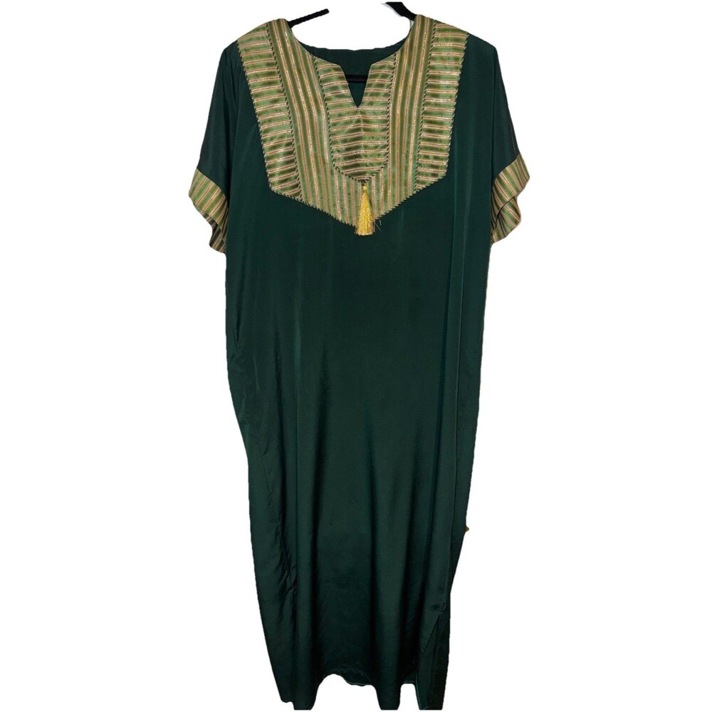 Moroccan Kaftan Women Dress Green Gold Satin Embroidered Maxi Robe Medium Tassle